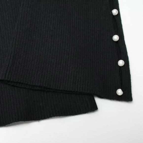 Sandro Lizza Black Ribbed Sweater Knit Pearl Trim Monk Neck Midi Dress 1 S - Picture 9 of 12